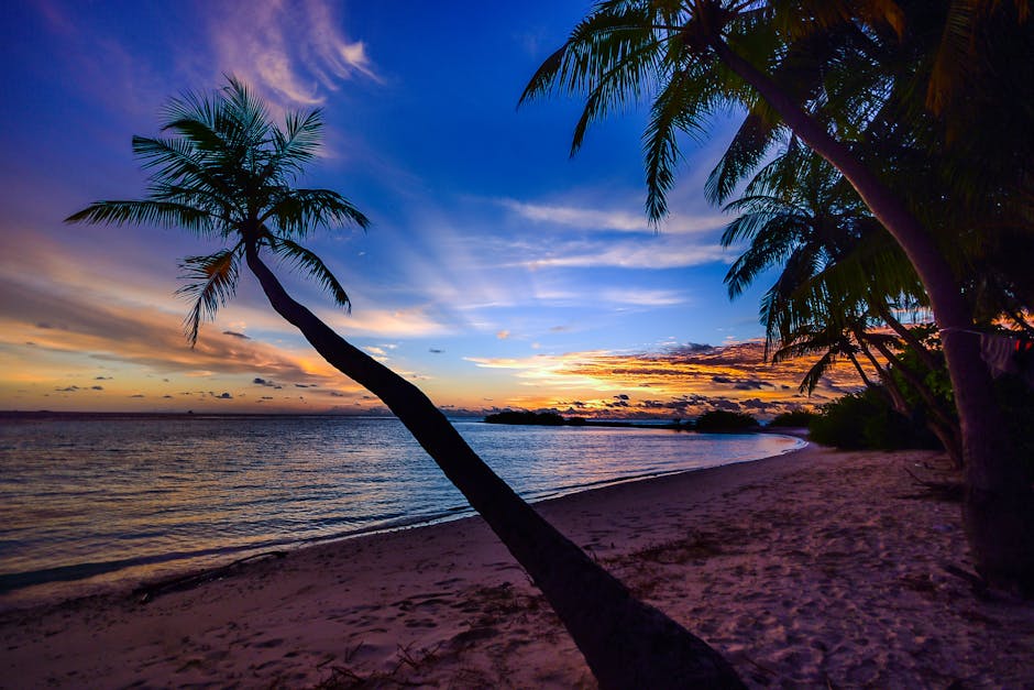 Captivating tropical sunset on a tranquil beach in the Maldives, perfect for a serene vacation.